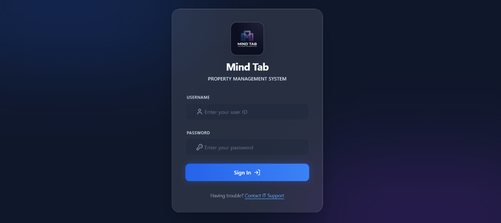 Screenshot of the MindTab PMS sign-in screen